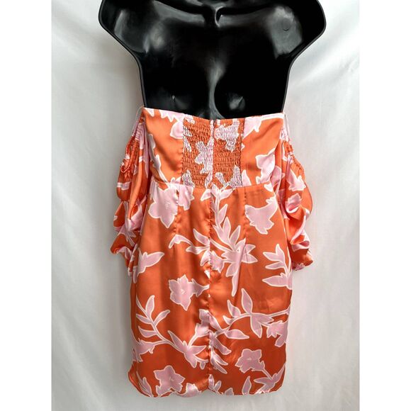 Lulu's Baros Coral Orange Floral Print Off Shoulder Bodycon Dress S Barbie Pink - Picture 5 of 12